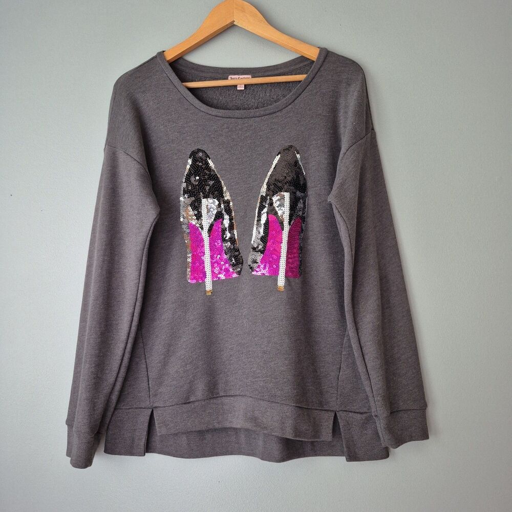 Juicy Couture Gray Sequin Stiletto High Heels Long Sleeve Top Womens Large NWOT
